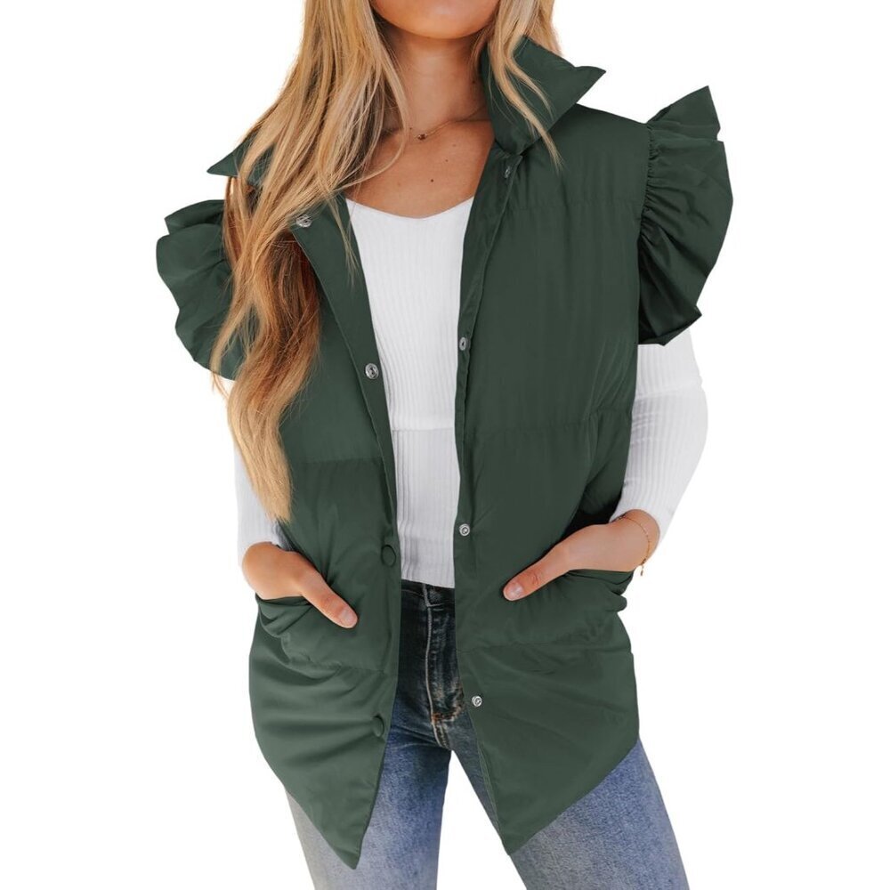 Women's Puffer Vest Polyester Small Ruffle Sleeve Winter Padded Gilet with Pocke